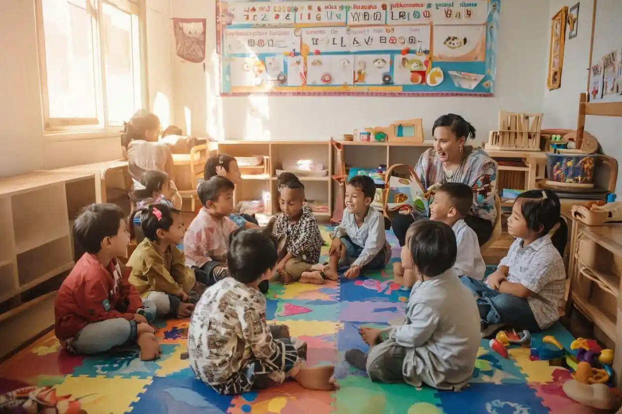 Anak usia 4 hingga 6 tahun duduk melingkar bersama guru sebagai ilustrasi kebiasaan anak usia 4 6 tahun di sekolah