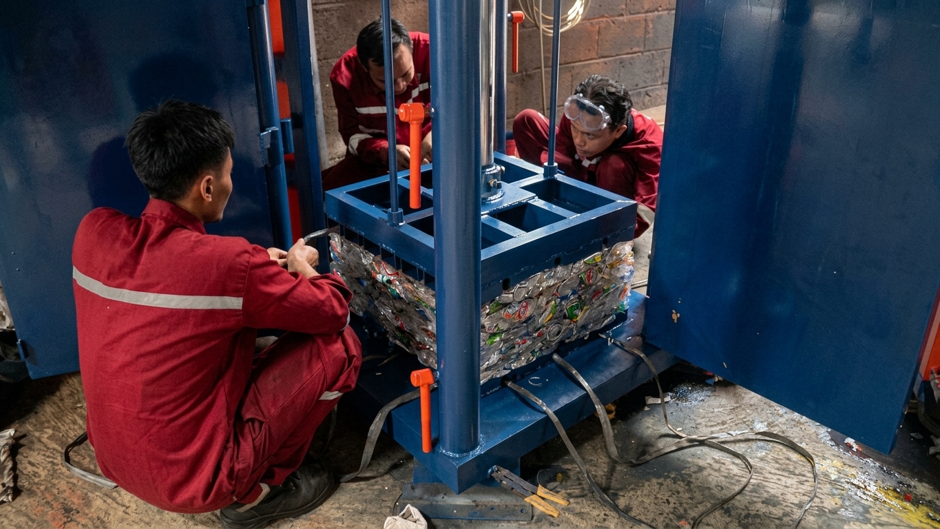 cara kerja mesin press sampah